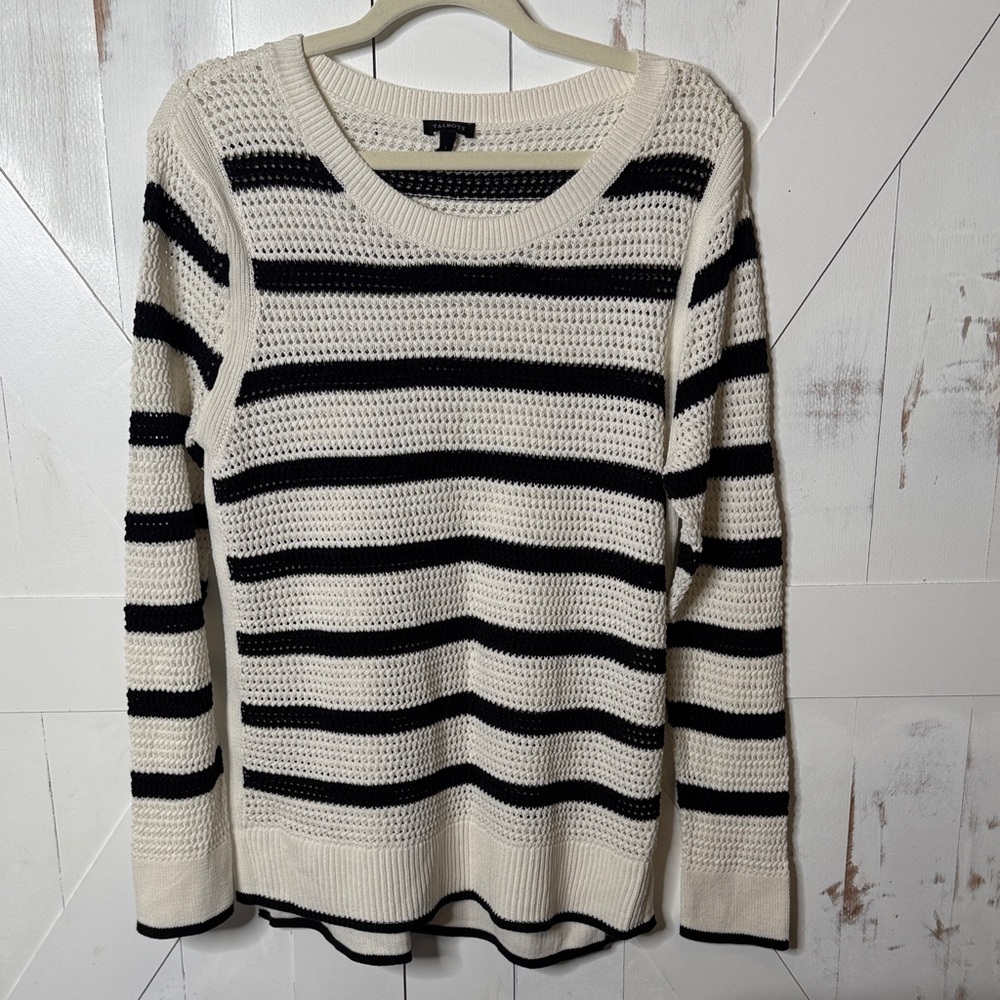 Talbots Black & Cream Open Weave Striped Crewneck Sweater - Picture 2 of 10